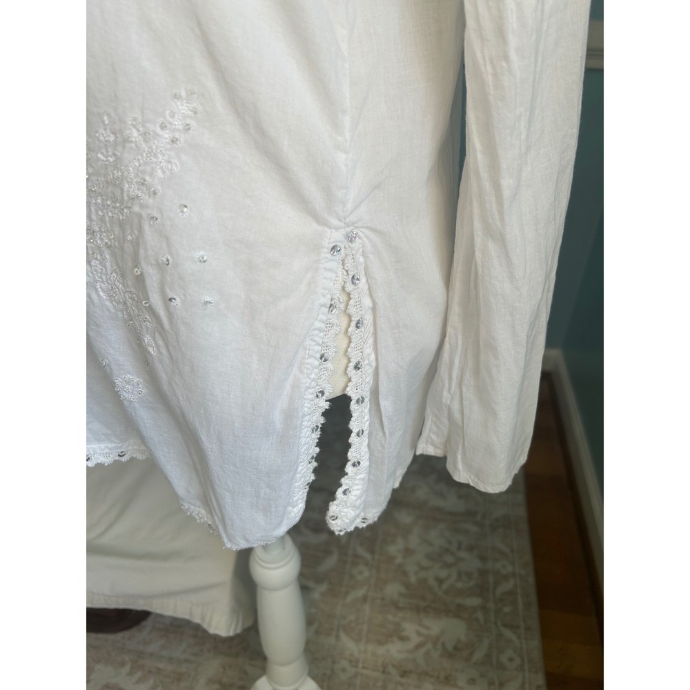 Andrew & Co Womens White Cotton Embroidered Sequin V-Neck Tunic Bell Sleeve L - Picture 2 of 10